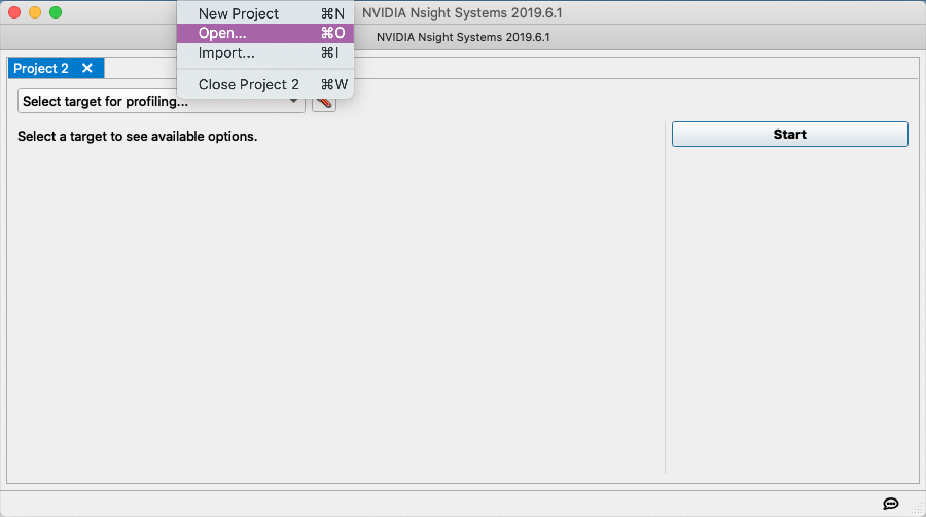 Nsight Systems initial window in the GUI. You must use the toolbar at the top to find your target report file