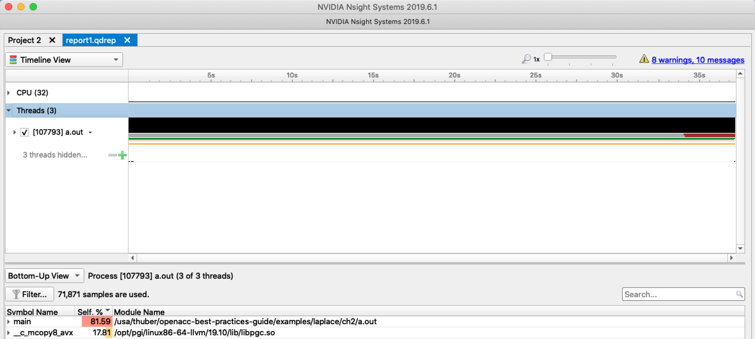 Nsight initial profile window showing 81% of runtime in main and 17% in a memory copy routine.